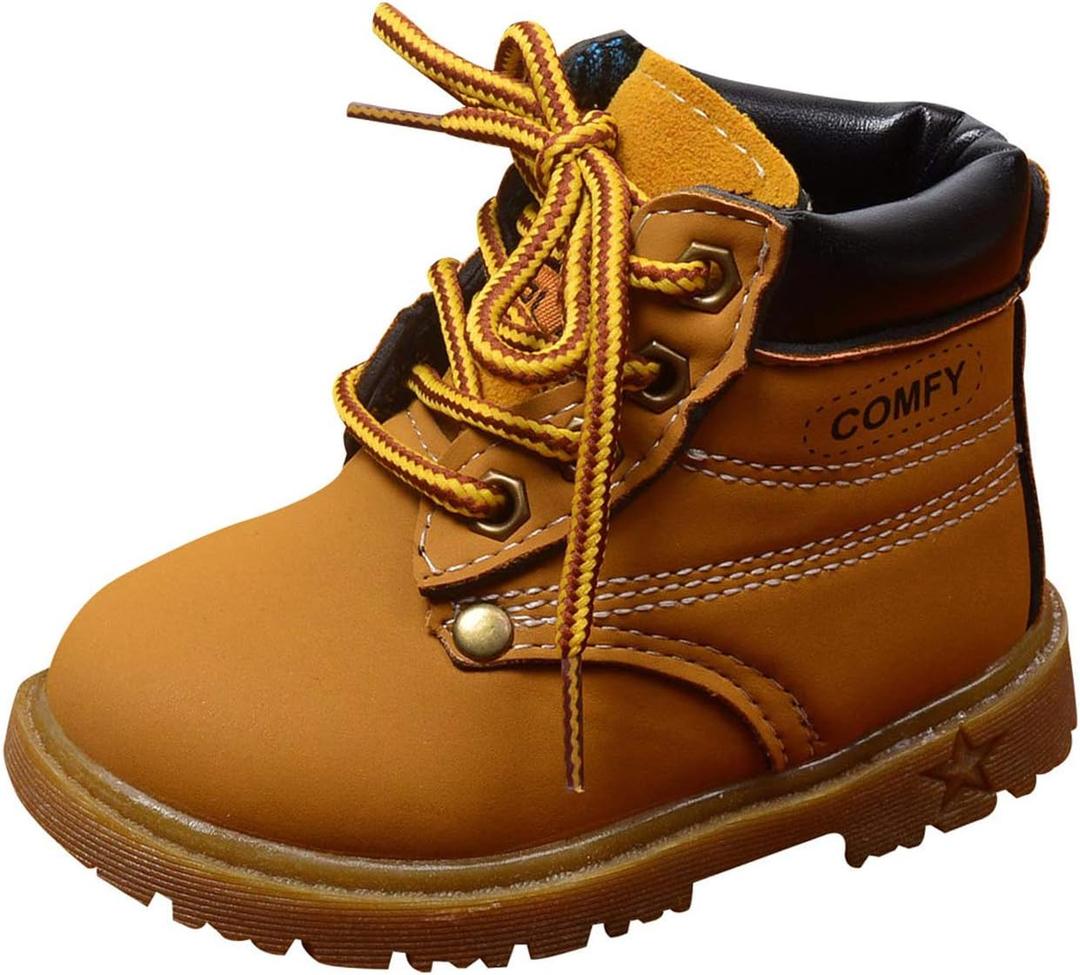 Happy Cherry Baby Winter Ankle Boots Leather Waterproof Lace Up Boots Flat Boots (5 Toddler, Yellow(textile Lining))
