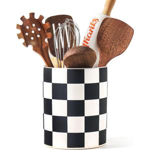Utensil Holder7.2 Inch Checkered Utensil Holder, Ceramic Cooking Utensil Spoon/Spatula Holder for Countertop, Kitchen Decor and Accessories for counte(Black)