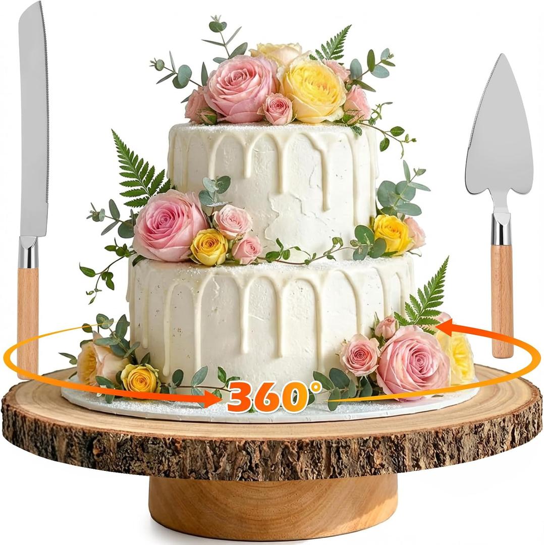 Cake Turntable 12" Wooden Cake Stand with Cake Cutting Set Rustic Cake Stand for Wedding/Party/Baby Baptism/Reception Event/Rotating Cake Display Stand