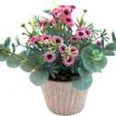 9" Artificial Pink Daisy Flower Plant with Eucalyptus Leaves in Light Wood Grain Pot, Lifelike Faux Potted Flowers for Indoor Home Office Bedroom Bathroom Table Shelf Spring Decor Gift