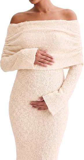 MAKABO Women's Maternity Long Sleeve Off Shoulder Sheer Bodycon Dress Sexy Swimsuit Cover Up for Vacation Baby Shower, Size S/M