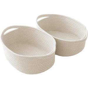 Woven Basket,Small Rope Storage Bin with Handles & Ribbon Bag, Organizer for Shelves Closets,Gift Basket Empty for Birthday,Books,Dog Toys,White/2 Pack