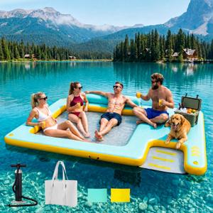 Inflatable Floating Dock for Dogs & Family Water Fun, 10FT Large Floating Island with Water Hammock and Easy-Access Dog Ramp, Portable Swim Platform for Lakes, Boats, Beaches and Pools, 10ft x 7ft / 300cm x200cm