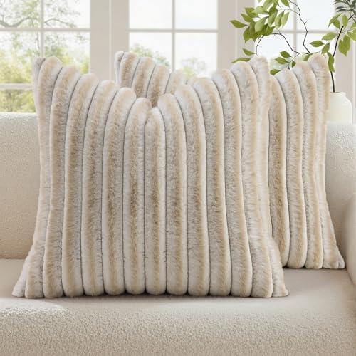 decorUhome Summer Cozy Faux Fur Throw Pillow Covers 18x18 Set of 2 Decorative Soft Plush Striped Modern Farmhouse Boho Couch Pillow Cases with Velvet Back for Sofa Bed Living Room, Beige White