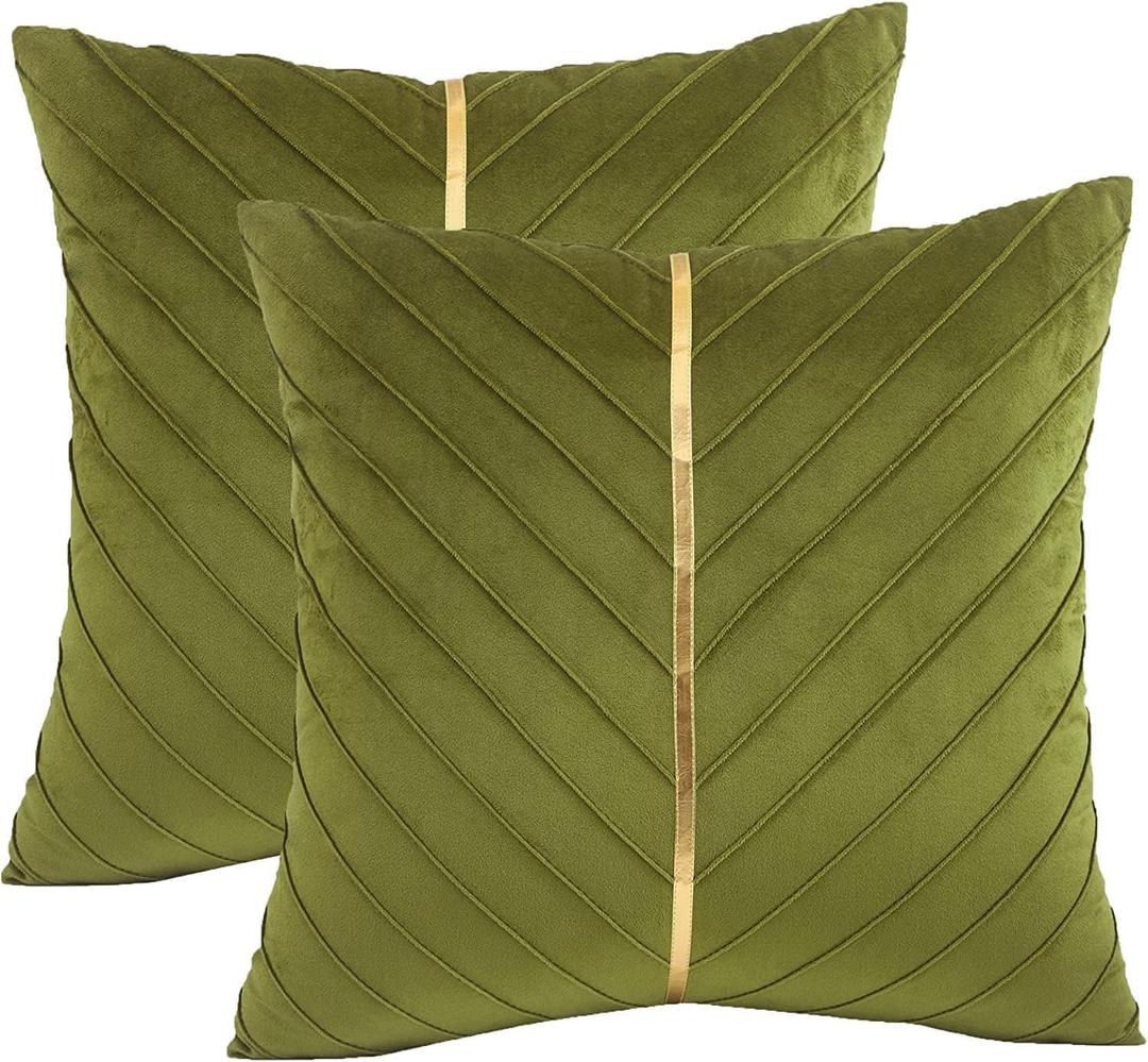 Tosleo Olive Green Velvet Throw Pillow Covers 18 x 18 inch Pack of 2 with Gold Leather Decorative Couch Pillowcases Luxury Modern Pillow Cover for Living Room Bedroom Sofa Cushion Bed