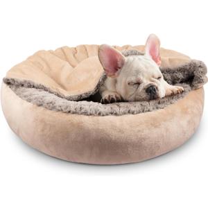JOEJOY Dog Beds for Small Medium Dogs, Cozy Cuddler Luxury Puppy Pet Bed with Blanket Attached, Donut Round Calming Anti-Anxiety Dog Burrow Cave Bed - Anti-Slip Bottom and Machine Washable 26 inch (Beige)