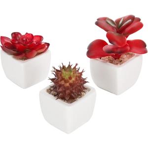 MyGift Assorted Artificial Red Succulent Plants, Mini Fake Desert Plants in White Square Pots, Set of 3