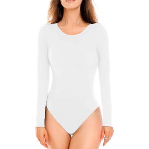 Walifrey Crew Neck Long Sleeve Bodysuit for Women Soft Stretchy Basic Shirts Bodysuits Tops (Large, White)