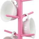 DoubleFill Pink Coffee Cup Holder Bow Mug Tree Pink Kitchen Coffee Bar Accessories Decorative Wooden Cup Holder with 6 Hooks Valentines Coquette Mug Rack Stand Cute Decor for Home Countertop Organizer