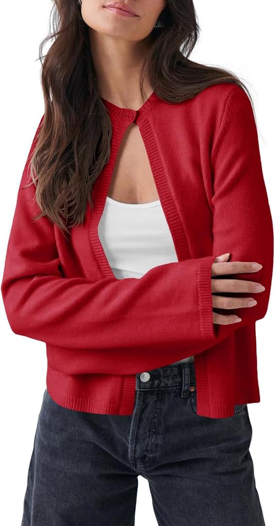 Saodimallsu Womens Lightweight Cardigans Open Front Long Sleeve One Button Casual Crewneck Loose Knit Shrug Sweater (Red)