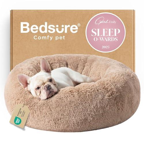Bedsure Calming Dog Bed XL Size Dog - Donut Washable Medium Pet Bed, 30 inches Anti-Slip Round Fluffy Plush Faux Fur Cat Bed, Fits up to 45 lbs Pets, Camel
