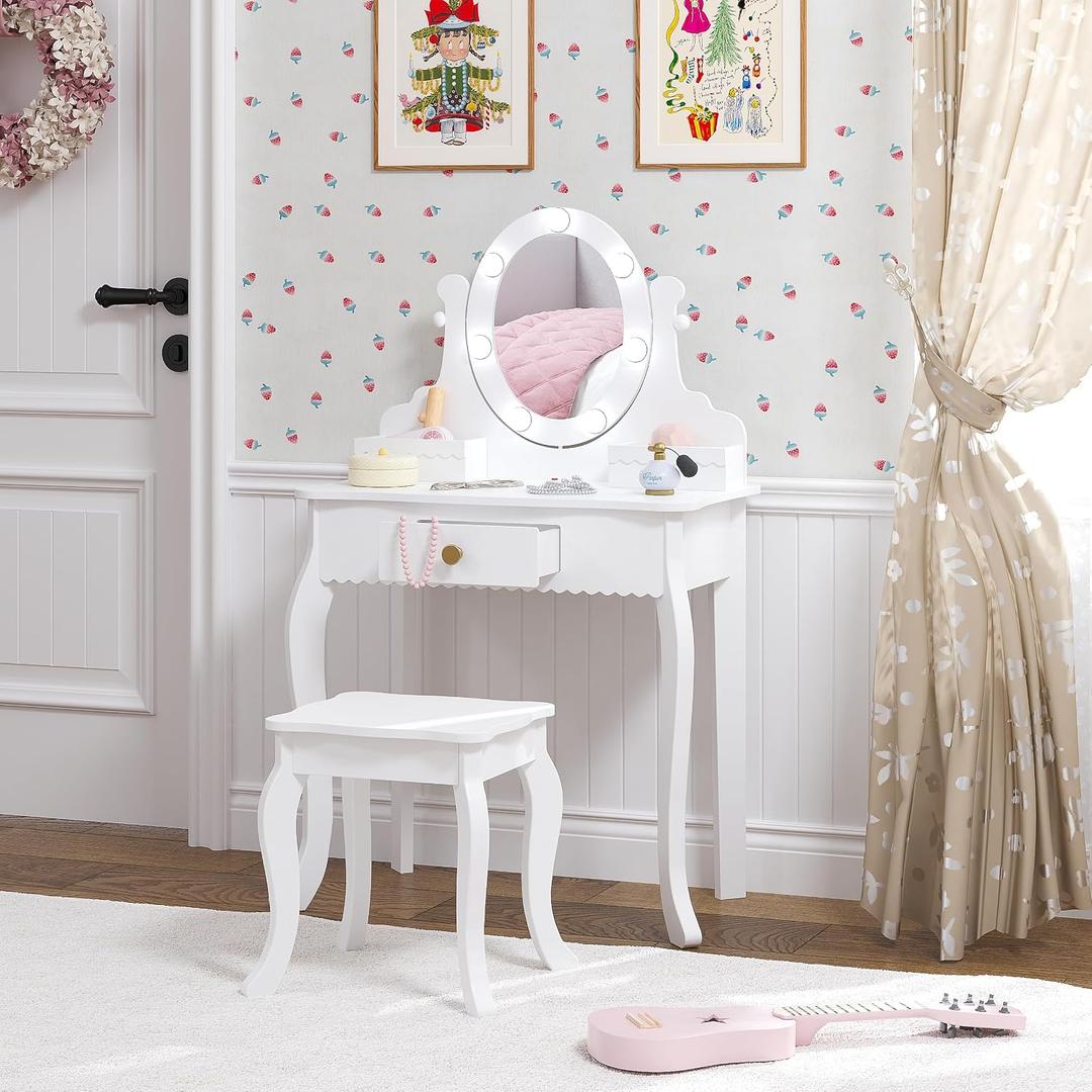 Spirich Kids Vanity, Girls Vanity Set with Mirror and Stool and Lights, Kids Vanity Table and Chair Set,Wooden Princess Makeup Desk Dressing Table, Round Shape With Led Blubs