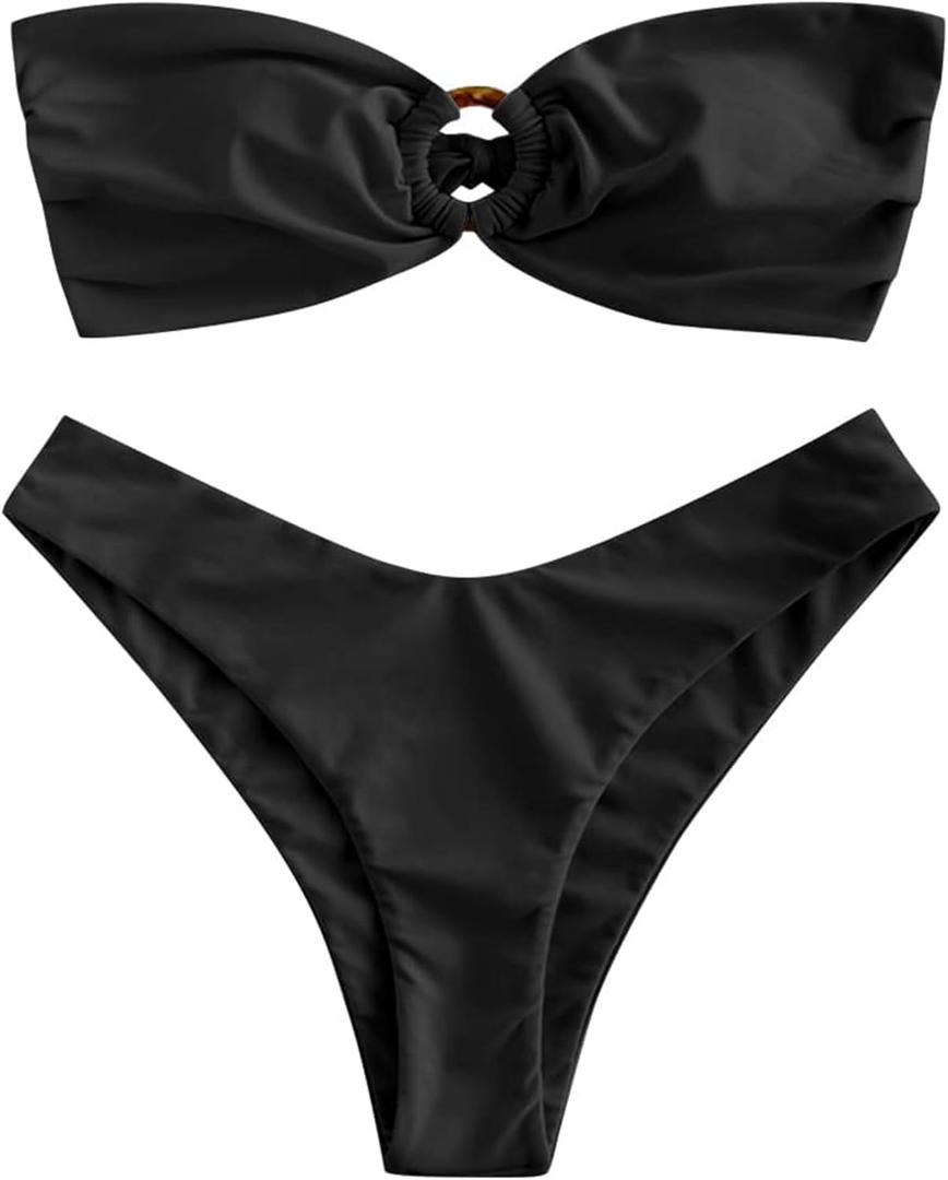 ZAFUL Women's Bandeau Bikini O Ring Strapless Tie Back High Cut Two Piece Swimsuit Bathing Suits (Black, M)