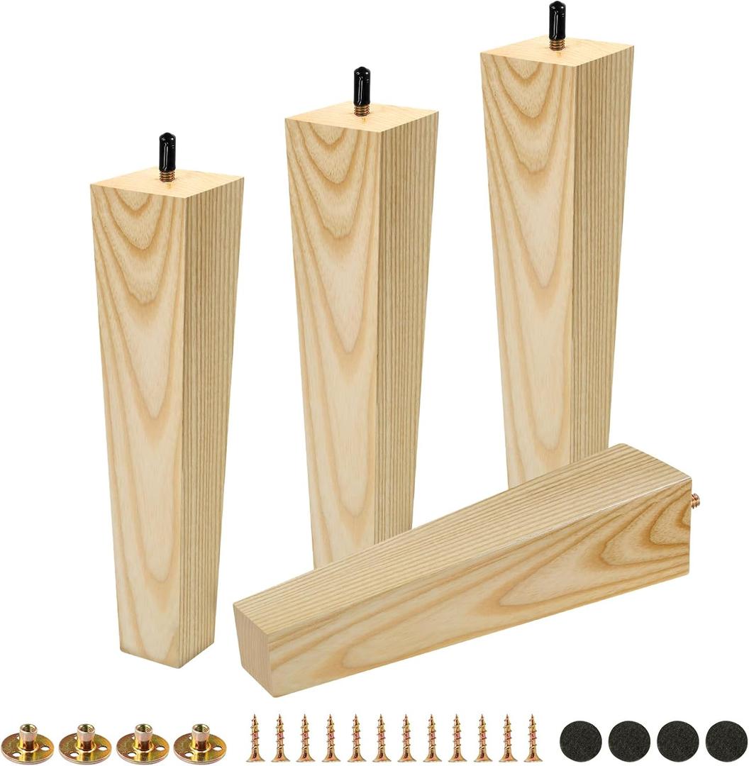 FoDau770 5/16"-18 Bolts Square Furniture Legs 10 Inch, Ash Wood Legs for Furniture Set of 4, Mid Century Modern Feet Wood Replacement Parts for Cabinet Sofa Dresser Chair Ottoman Table