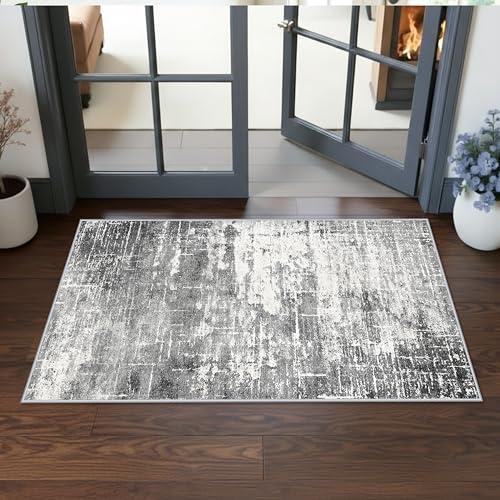 Abstract 2x4 Entryway Area Rugs: Washable Water Resistant Kitchen Rug Non-Slip Durable Doormat Ultra Soft Bedroom Beside Carpet Indoor Low Pile Floor Mat for Bathroom Stove Sink Area 50"x25,Black/Grey)