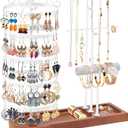 Jewelry Organizer Stand with Bamboo Base, Metal Rotating Earring Holder Organizer, MultiFunctional Adjustable Necklace Rack Holder Bracelet Watch Holder for Jewelry Earrings Ring
