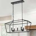 Lucidce 7-Light Farmhouse Lantern Island Chandelier, Black and Gold Rectangular Kitchen Island Light Fixture, Modern Dining Room Hanging Ceiling Light Over Table, E12 Candle Base