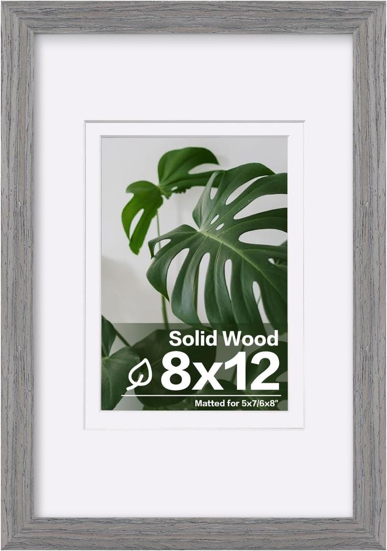 Egofine 8x12 Picture Frame Made of Solid Wood with Plexiglass, Display Pictures 5x7/6x8 with Mat or 8x12 Without Mat for Tabletop and Wall Mounting, Oak Grey