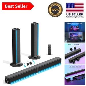TV Sound Bar, Soundbar with RB LED Lights & 2.1CH Bluetooth Speaker Surround System, 180W Surround Sound, AUX/Optical/HDMI ARC Home Theater Speaker, 2 in 1 Detachable for Smart TV/Projector/Gaming/PC