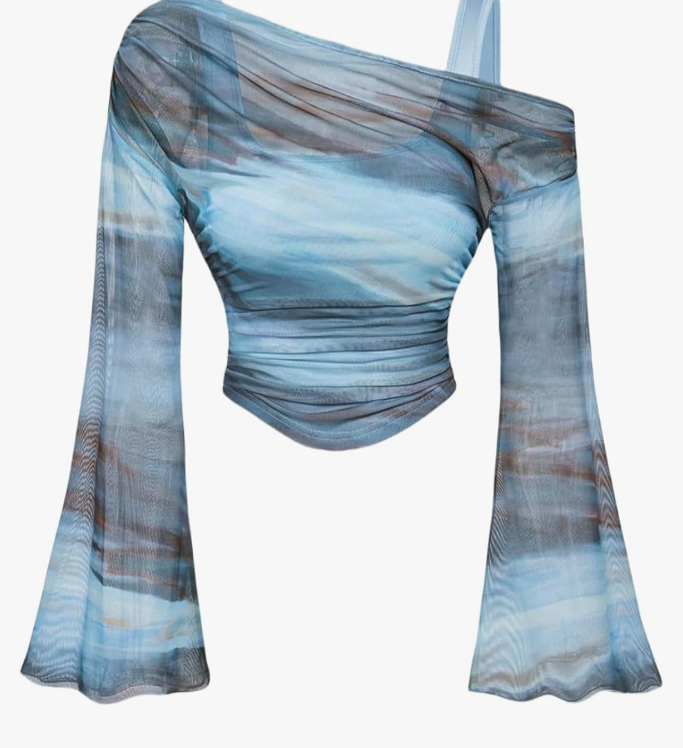 Women's Y2K 2 in 1 Off Shoulder Tops Tie Dye Floral Sheer Mesh Ruched Bell Sleeve Crop Tank Top Asymmetrical T Shirts Small