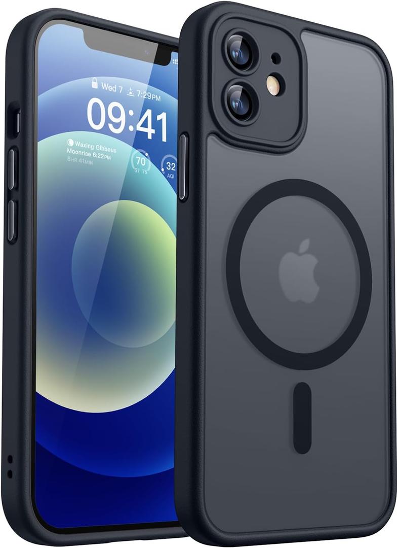 CANSHN Magnetic Compatible with iPhone 12 Case, Upgraded [Full Camera Protection] [Compatible with Magsafe] [Translucent Matte] Shockproof Protective Phone Case Cover 6.1 Inch - Black