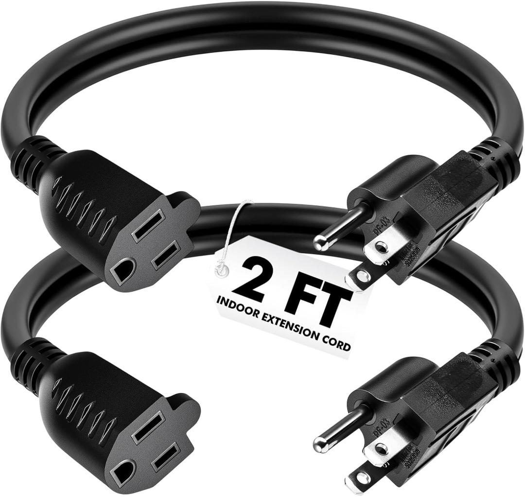 Kanayu 5 Pcs 2 ft Black 3 Prong Extension Cords, [ul Listed] 13a 125v 1625w, Indoor Outlet Extender Male and Female Power Cables, Flexible for Home, Garden, Office and Christmas Lights Decorations