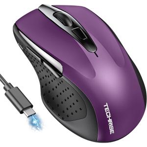 Bluetooth Mouse (BT5.0/3.0 & 2.4G) Rechargeable Wireless Mouse, 4800 DPI Optical Tracking, 6 Adjustable DPI, 2.4GHz with USB A Receiver, Quiet Clicks, Ergonomic Grips, 6 Buttons - Purple