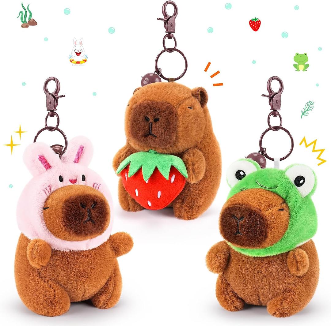 Achwishap 3PCS Capybara Plush Keychain,Cute Keychain Capybara Stuffed Animal,Soft Capybara Plush Toys Key Chain,Plushie Stuffed Toys for Birthday Valentines(Bunny Hat,Frog Hat,Holding Strawberry)
