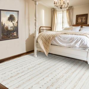 5x8 Living Room Rug, Moroccan Boho Machine Washable Rugs 5x8 Area Rug with Non-Slip Backing, Soft Low Pile Indoor Floor Carpet Neutral Rug for Bedroom Dining Room, Light Brown (5'x8')