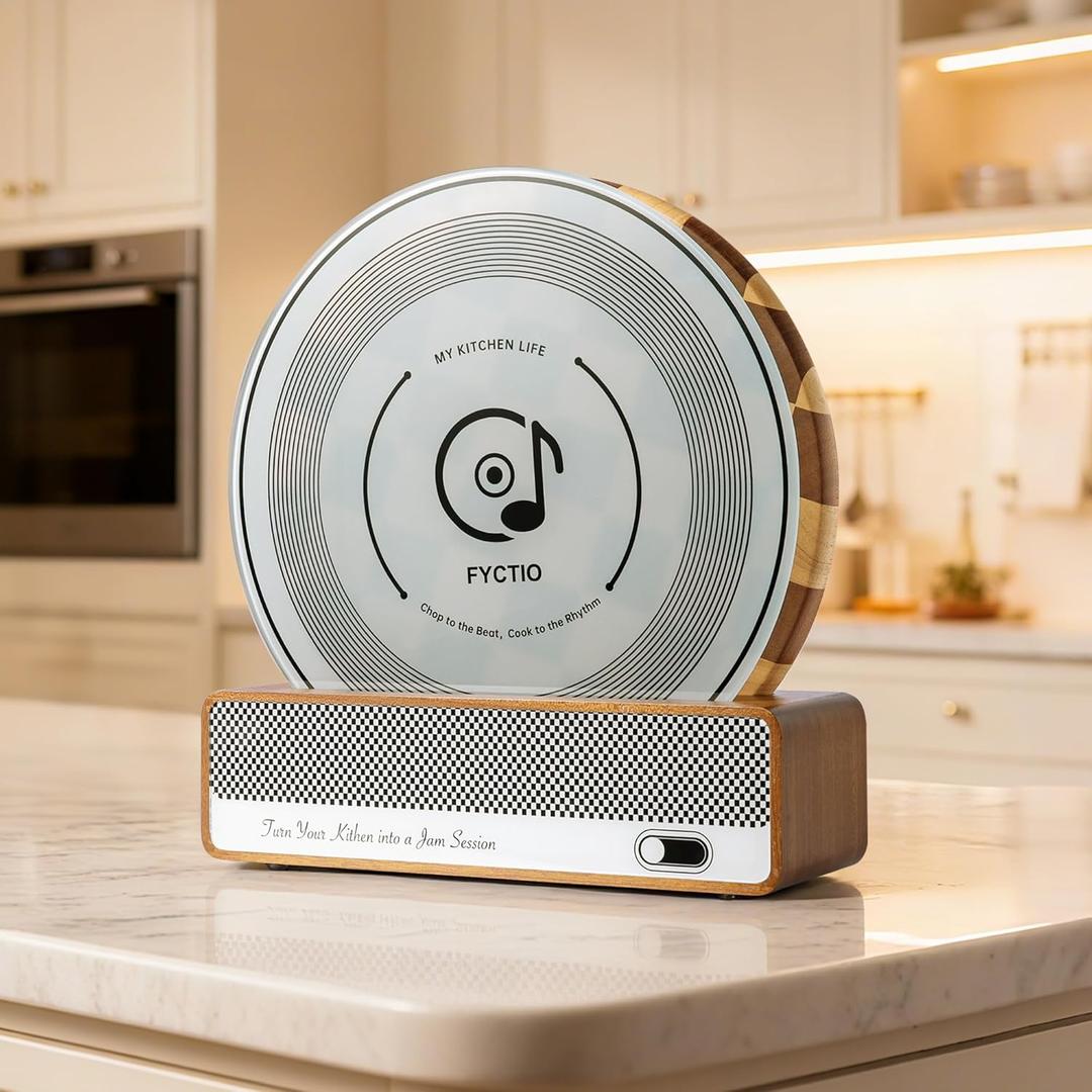 Cutting Board Set, Checkered Wood & Glass Cutting Boards for Kitchen, Retro Record Style Chopping Board with Holder, Serving Tray Gift Set, Ideal for Meat, Bread, Vegetable, Fruit