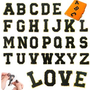 26pcs Black Chenille Letter Patches A–Z – Self-Adhesive Varsity Alphabet Appliques with Gold Trim for Clothing, Bags, Hats & DIY Crafts