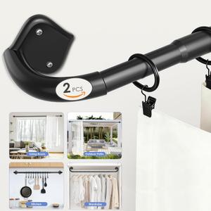 2 Pack Wrap Around Curtain Rods for Windows Adjustable 28-48 Inch - Curved Light Gap Blocking, 90% Blackout Room Darkening, Heavy Duty 5/8" Matte Black Curtain Rod (Easy Install Hardware)