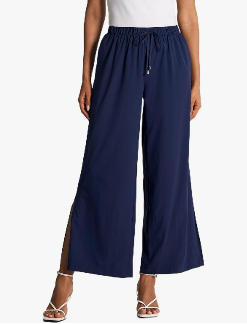 L/30" Inseam Women's Wide Leg Sweatpants Petite High Waist Summer Pants UPF50 Lightweight Beach with Pocket Split Leg Navy, M