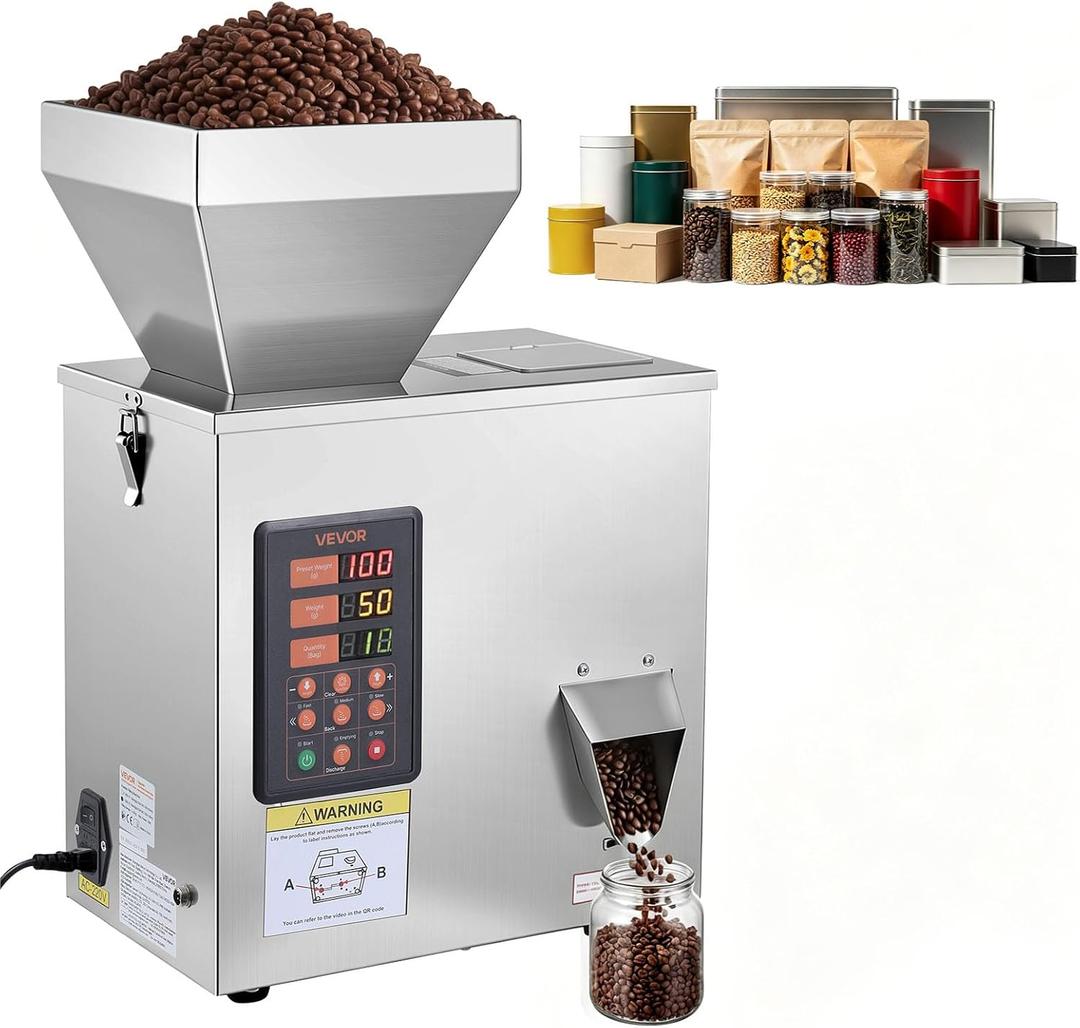 VEVOR Powder Filling Machine, 3-200g (0.01-0.44 lbs) Automatic Particle Dispenser, High Accuracy, Stainless Steel, Intelligent Weighing Dispensing Filler for Coffee Beans, Grains, Tea, Spices, Silver