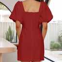 Misng Women's Square Neck Short Puff Sleeves Mini Dresses Stretch Slim Casual Dress with Zipper Red (Red, XS)