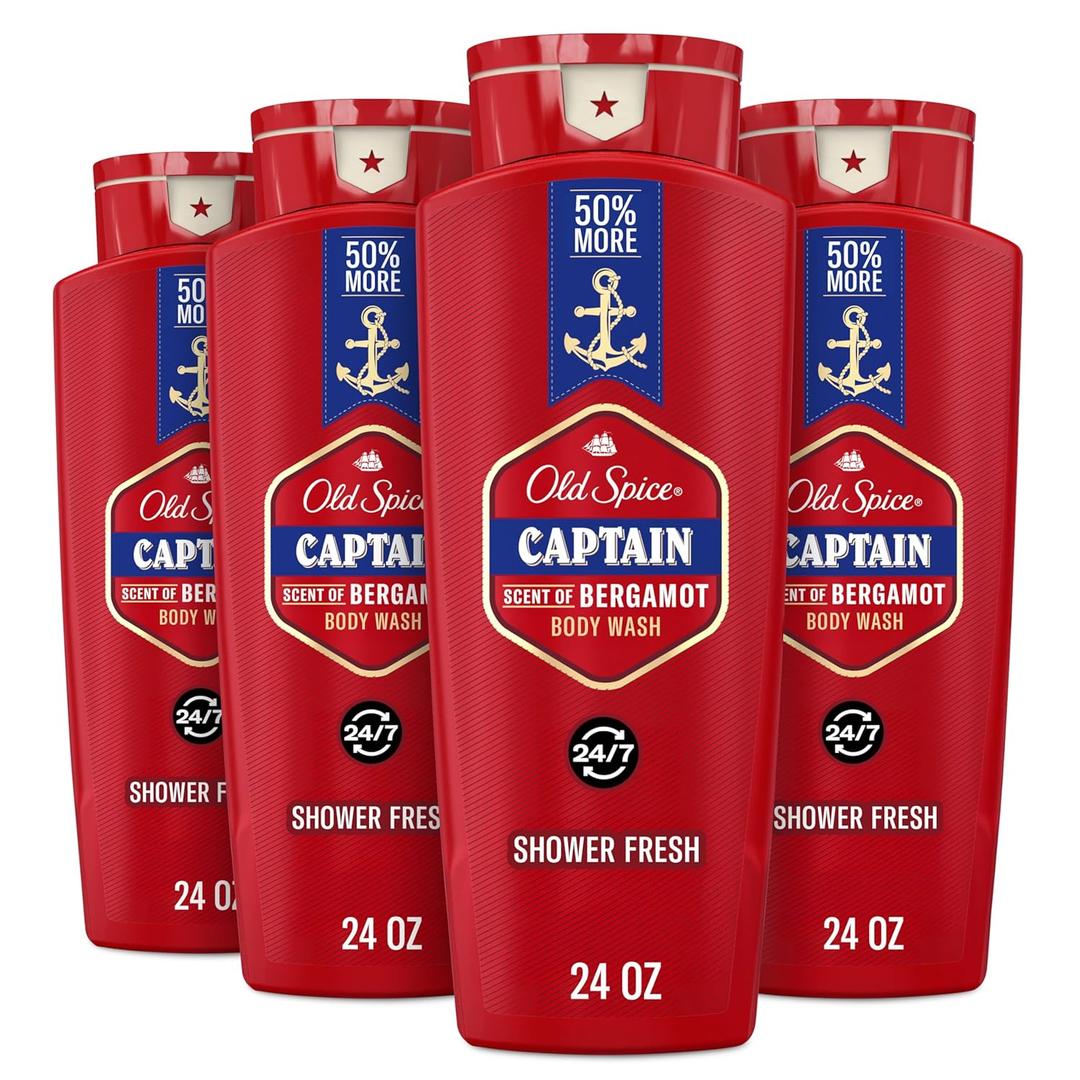Old Spice Refreshing Body Wash for Men, 3X Defense, 24/7 Shower Fresh with Long Lasting Scent, Red Collection, Captain with Bergamot Scent, 24 oz (Pack of 4)