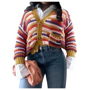 RoseSeek Women's Striped Color Block Sweaters Button Down Long Sleeve Cardigans Crop Tops Yellow Large