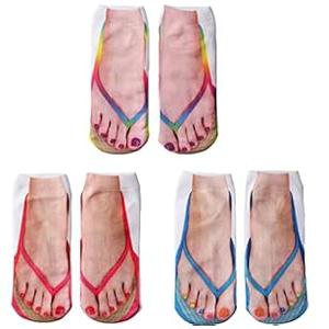 Ryshman 3D Manicure Print Funny Flip Flop Socks Low Cut Ankle Silly Sandal Socks for Women- A Gag Gift(One Size, Red,Blue,Golden, 3 Pairs)