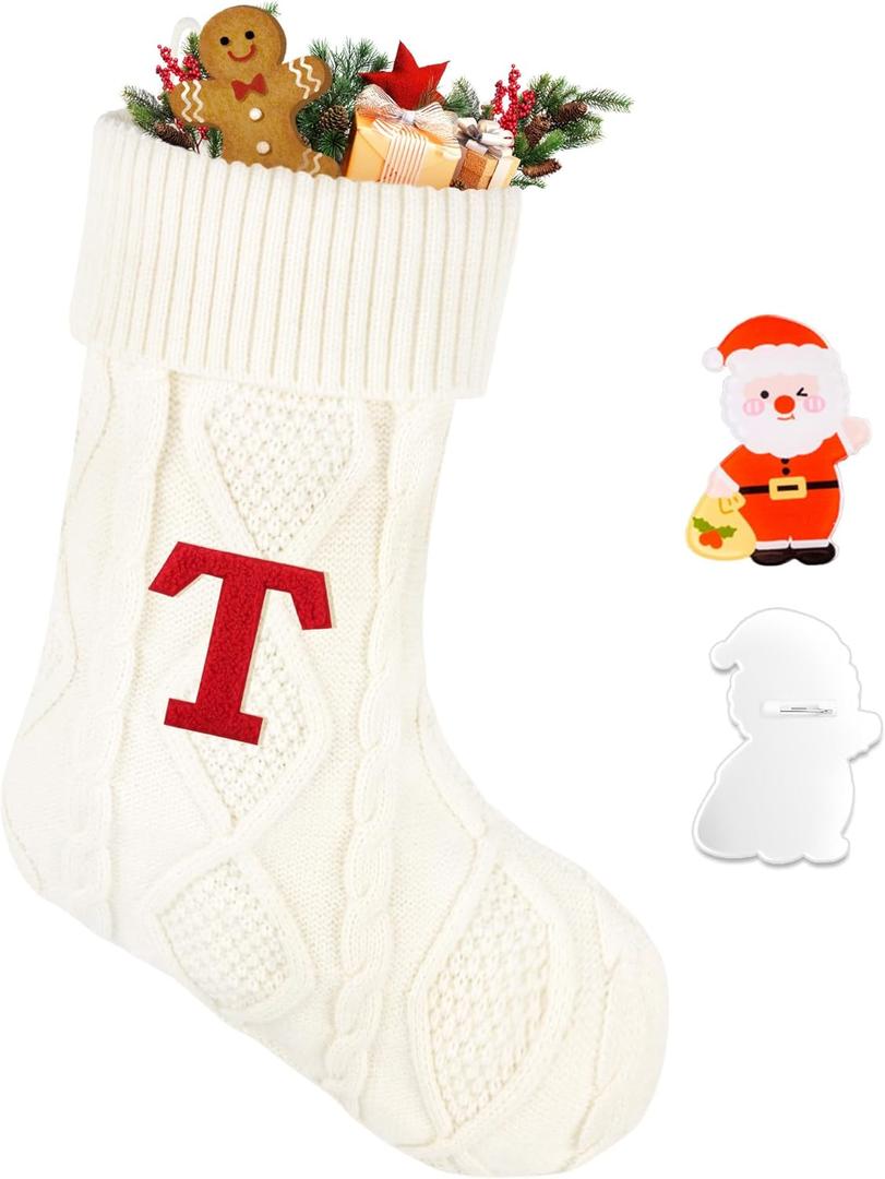 21 Inches Knitted Christmas Stockings with Personalized Initials, Large White Custom Monogram Christmas Stockings for Party Fireplace Family Holiday Party Hanging Stocking Decorations White-T