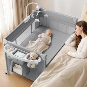 4 in 1 Baby Bassinet, Portable Bedside Crib Sleeper, Quickly Assembled Crib with Diaper Changer, Foldable Baby Playard with Mattress and Wheels for Newborn to Toddler, Grey