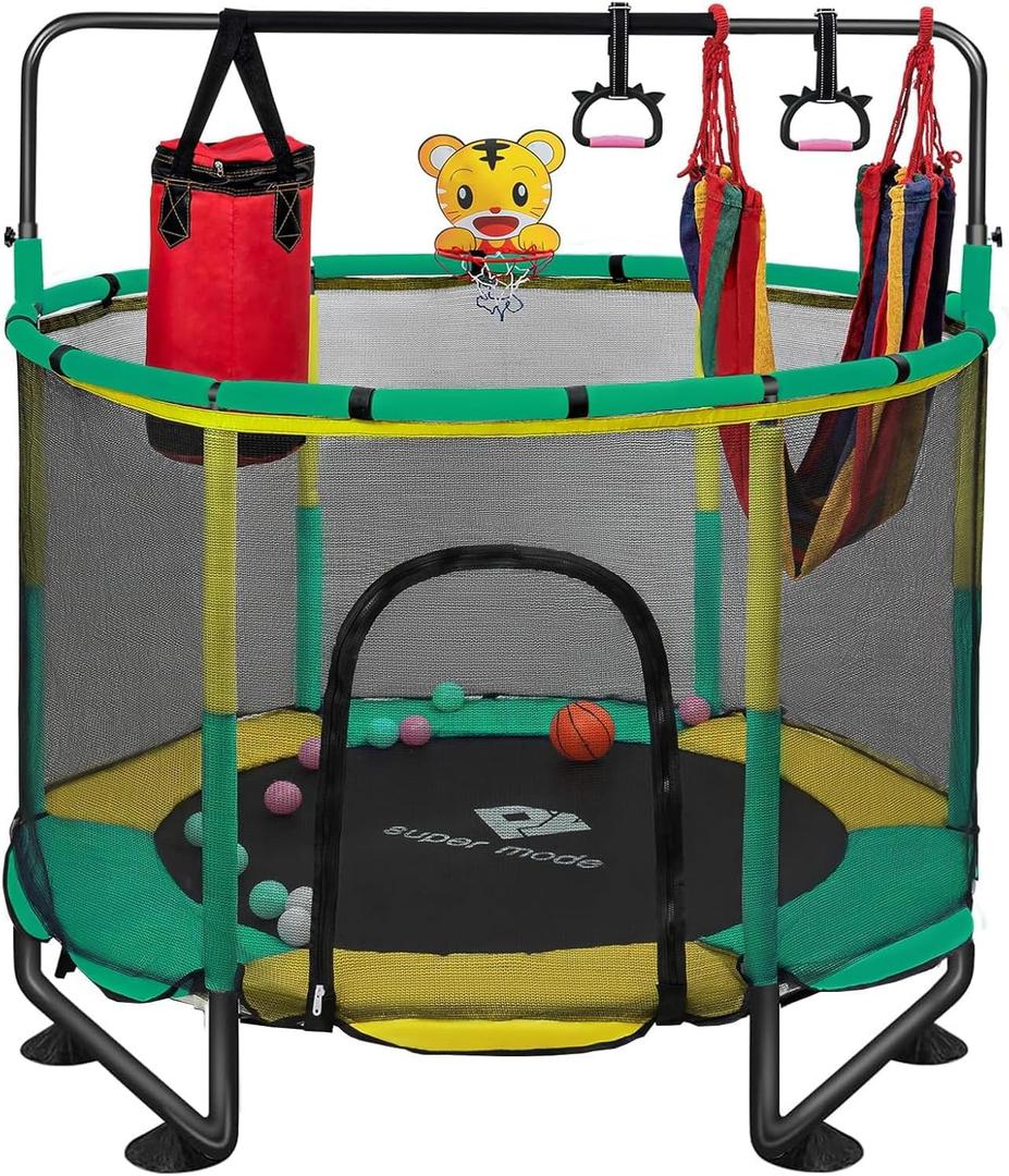Trampoline for Kids, 5FT Adjustable for Toddler, Indoor/Outdoor Baby Trampoline with Enclosure Net, No-Gap Safe Design, Gifts for Boys & Girls (Powder Coating, green yellow)
