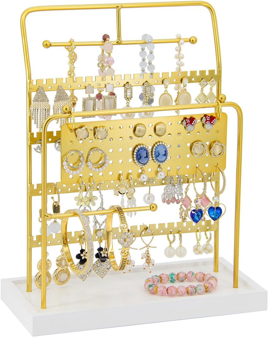Jewelry Organizer Stand Metal Jewelry Display Rack with Wooden Tray Necklace Stand Partitioned Storage for Rings, Earrings and Bracelets Jewelry Rack(Gold)