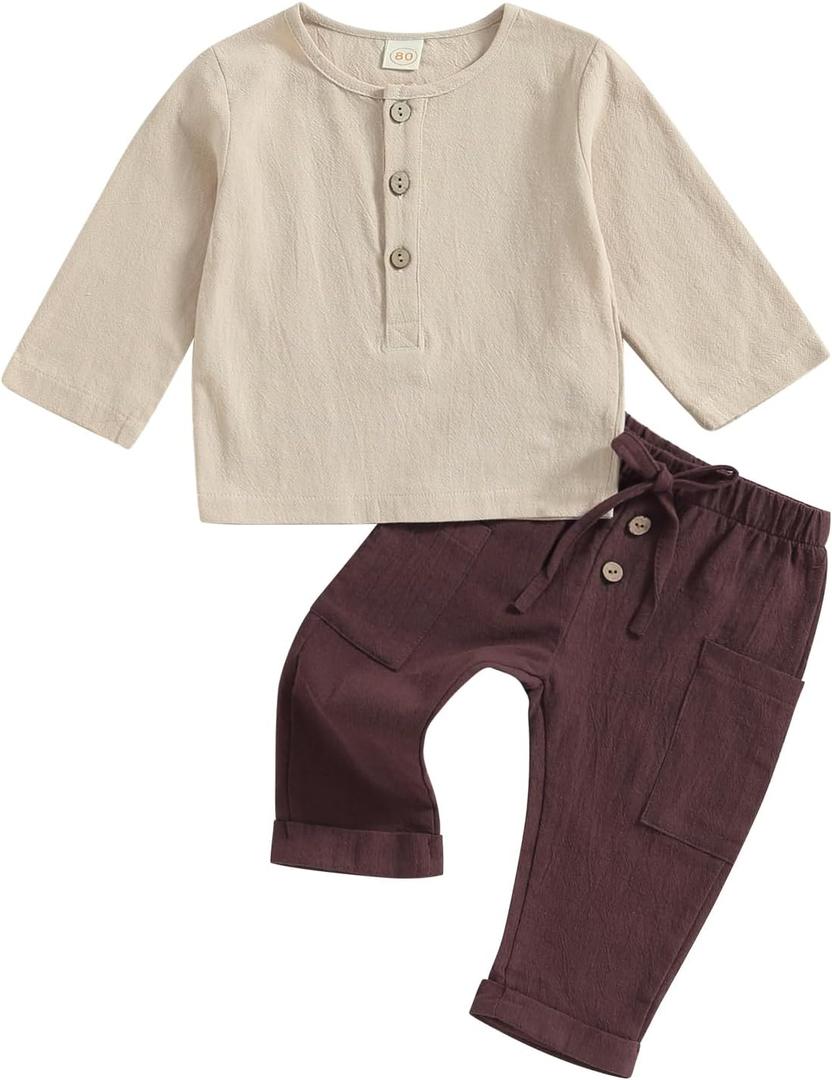 Thorn Tree Toddler Boys Girls Fall Outfits Long Sleeve Button Down Shirt Elastic Waist Pants 2Pcs Little Kids Clothes Set (12-18 Months)