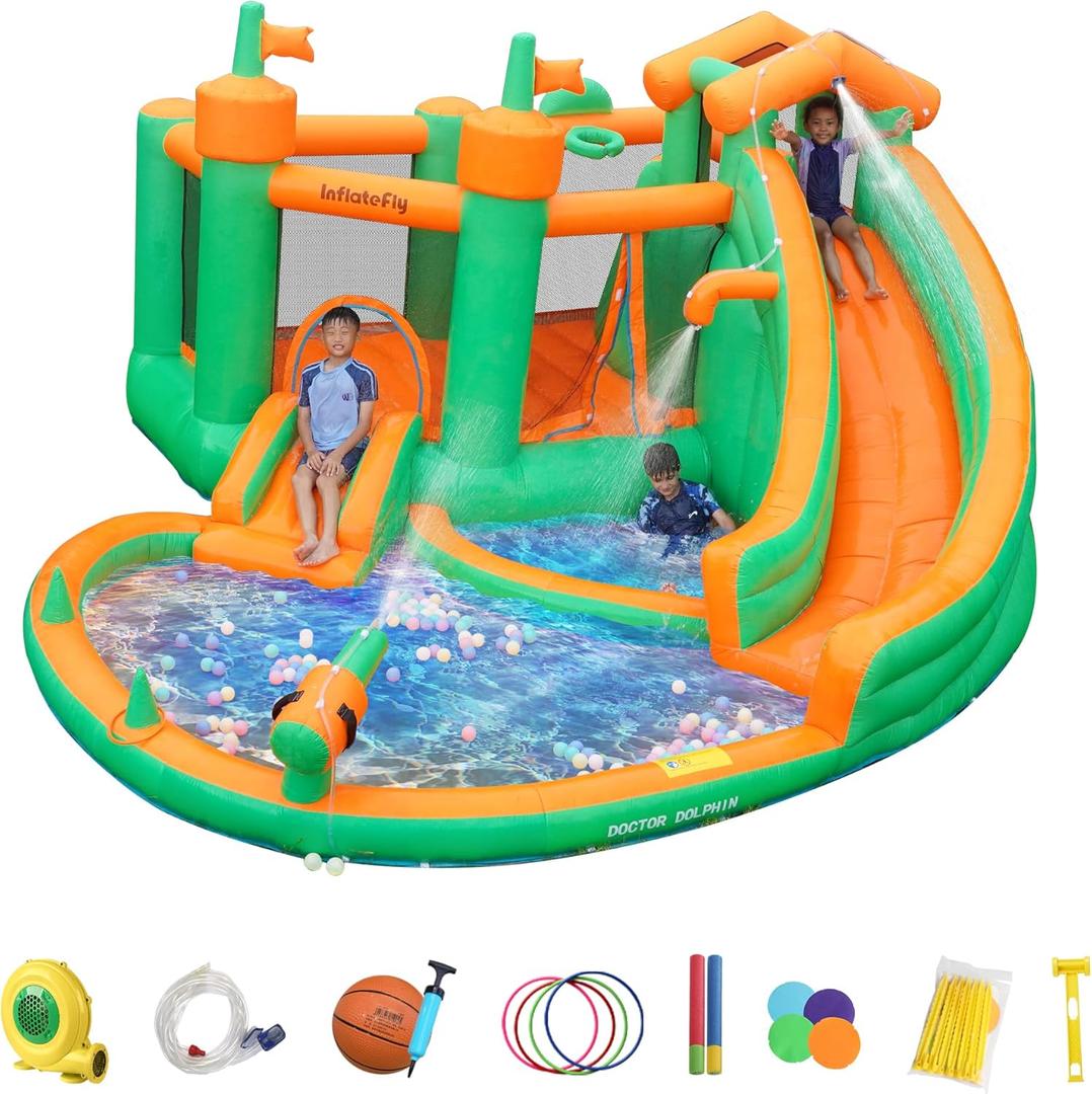 Inflatable Bounce House for Kids with Double Slide, 7 in 1 with 750W Blower, Jumping, Water Gun, Splash Pool, Climbing Wall, Basketball Hoop, Ring-toss for Kids Indoor Outdoor Backyard