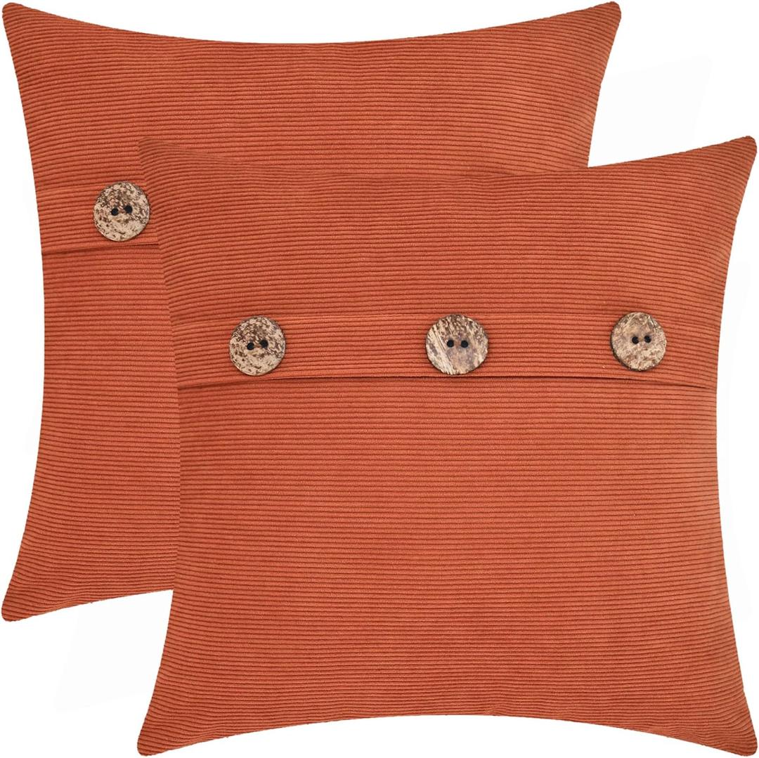 CaliTime Throw Pillow Cases Pack of 2 Soft Corduroy Striped Cushion Covers with Triple Large Natural Coconut Shell Buttons for Couch Sofa Home Farmhouse Decoration 18 X 18 Inches Burnt Orange