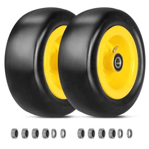 2 PCS 11x4.00-5 Lawn Mower Tires with Upgrade 3/4" Precision Bearing, 3.4" Centered Hub, Universal Smooth 11x4.00-5 Lawn Mower Tires Flat Free with Yellow Rim for Zero Turn Mowers, Max Load 400 lbs
