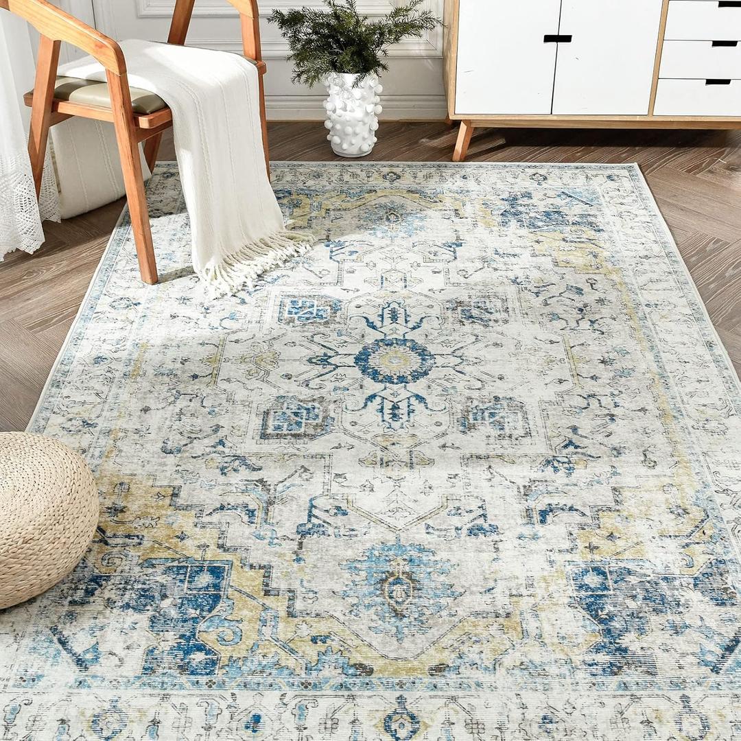 JINCHAN Area Rug 5' x 7' Washable Living Room Rug Vintage Indoor Large Floor Cover Distressed Lightweight Non-Slip Low Pile Thin Mat Accent Stain Resistant Carpet for Bedroom Dining Room Office Light Blue