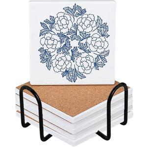Sublimation Coaster Blanks Ceramic with Holder and Cork Backing Pads,Absorbent Ceramic Blank Coasters, Ideal Sublimation DIY Gifts (Square-6)