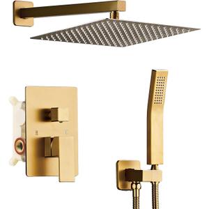 SaniteModar Shower Head, 10 Inch Bathroom Shower System, Multi-function Rainfall Square Shower Head, Wall Mounted Shower System Shower Head Trim Kit, Brushed Gold
