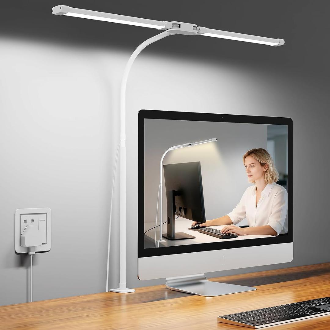 Woputne Desk Lamp with Clamp, with 5V 2A Adapter, LED Desk Lamp with Dual Head, 50 Light Modes, Computer Monitor Flexible Neck Lamp, Eye Protection Desk Lamps for Study, Office, Crafts, Draw(White)
